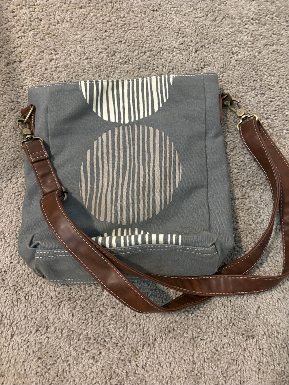 Maika Gray Canvas Crossbody with Brown Strap